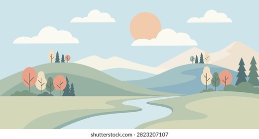 Rolling Hills with River and Mountains Flat Illustration