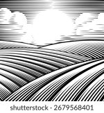 A rolling hills rural landscape drawing in a vintage woodcut style