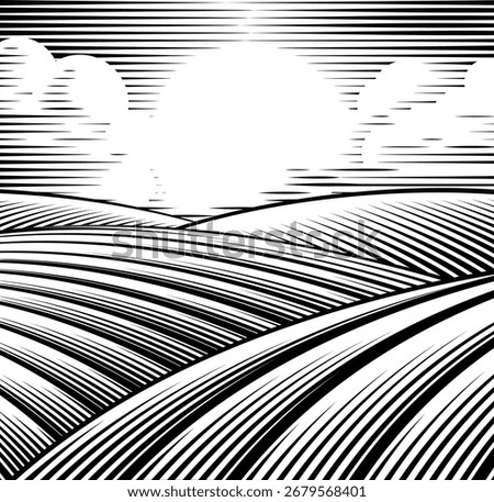 A rolling hills rural landscape drawing in a vintage woodcut style