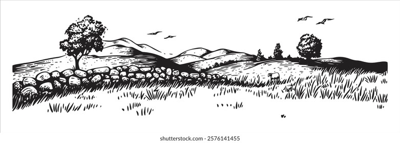 rolling hills with stone wall and trees in black and white hand-drawn style