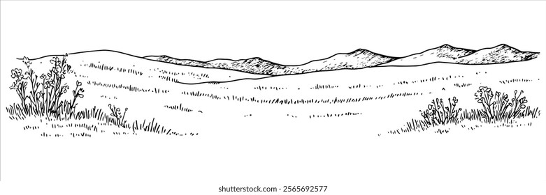 rolling hills with wildflowers and distant mountains, black vector illustration