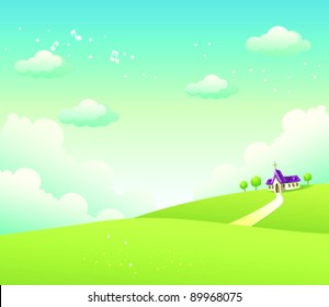 Paisaje rodante y iglesia