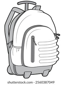 Rolling luggage backpack flat sketch vector illustration technical cad drawing template