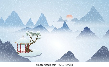 Rolling mountain view and Chinese pavilion under heavy snow
