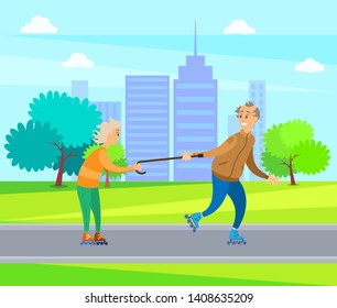 Rolling old man and woman vector, pensioners having fun in park, couple rolling and using wooden stick of granny, grandmother and grandfather in city