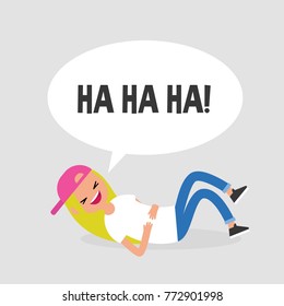 Rolling on the floor laughing. Conceptual illustration. Young female character having fun. Humor. Flat editable vector illustration, clip art