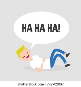 Rolling on the floor laughing. Conceptual illustration. Young character having fun. Humor. Flat editable vector illustration, clip art