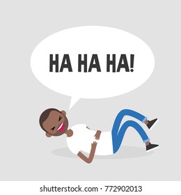 Rolling on the floor laughing. Conceptual illustration. Young black character having fun. Humor. Flat editable vector illustration, clip art