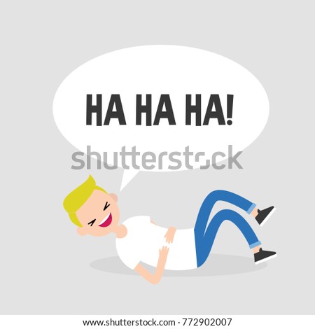 Rolling on the floor laughing. Conceptual illustration. Young character having fun. Humor. Flat editable vector illustration, clip art