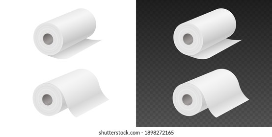 Rolling paper towels mockup isolated on white and black background. Household objects 3D realistic template. Set of editable toilet paper or napkins tubes isolated. Vector illustration