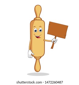 Rolling Pin with Blank Wooden Sign in Hand Cartoon Mascot Character.