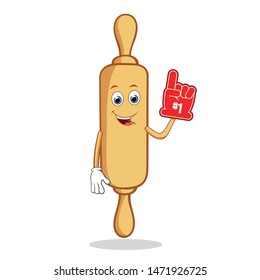 Rolling Pin Cartoon Mascot Character With The Number 1 One Sports Fan Hand Glove.  