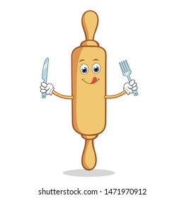 Rolling Pin Cartoon Mascot Character Licking His Lips And Holding Silverware.  