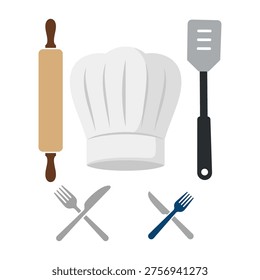 Rolling pin chef hat and cooking tools vector set illustration