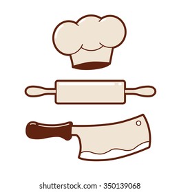 rolling pin, chef hat, knife