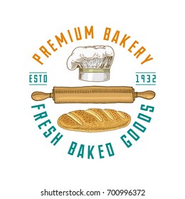 Rolling pin and Chef with loaf or kitchen, cooking stuff for menu decoration. logo emblem or label, engraved hand drawn in old sketch or and vintage style. premium bakery fresh baked goods.