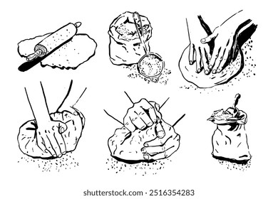 Rolling pin cook prepares dough, flour in a bag, a person stirs the dough. Cooking bread bakery product. Perfect for wallpaper, template, banner, wall decor, print, postcard, cover Vector illustration