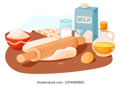 Rolling pin with dough. Baking Ingredients. Products and kitchen tools for cooking baking recipes.