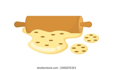 Rolling pin with dough for cooking. Kitchen utensil with ingredient for preparation and cooking. Poster or banner for website. Cartoon flat vector illustration isolated on white background
