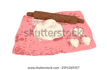 Rolling pin and dough. Cozy baking, cook process. Making heart-shaped cookies, flour biscuits. Homemade treats cooking, bakery preparation. Flat vector illustration isolated on white background
