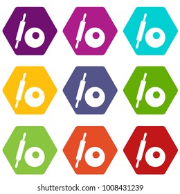 Rolling pin and dough icon set many color hexahedron isolated on white vector illustration