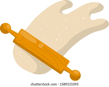 Rolling pin and dough. Preparation of bread and pastries. Wooden appliance for kitchen and cooking. Kneading the dough. Cartoon flat illustration