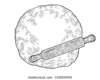 Rolling pin and dough sketch engraving vector illustration. Cooking bread bakery product. T-shirt apparel print design. Scratch board style imitation. Black and white hand drawn image.