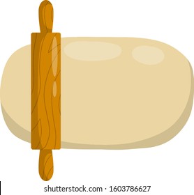 Rolling pin and dough. Wooden appliance for kitchen and cooking. Kneading dough. Cartoon flat illustration. Preparation of bread and pastries
