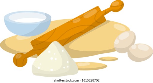 Rolling pin and dough. Wooden appliance for kitchen and cooking. Kneading dough. Cartoon flat illustration. Preparation of bread and pastries. Set of Ingredients-flour, milk, egg