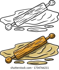 Rolling pin and dough. Wooden appliance for kitchen and cooking. Kneading dough. Cartoon sketch doodle illustration. Preparation of bread and pastries