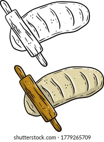 Rolling pin and dough. Wooden appliance for kitchen and cooking. Kneading dough. Cartoon sketch doodle illustration. Preparation of bread and pastries