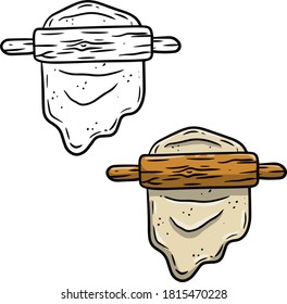 Rolling pin and dough. Wooden appliance for kitchen and cooking. Kneading dough. Cartoon sketch doodle illustration. Preparation of bread and pastries