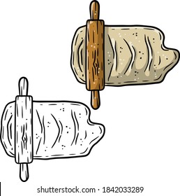 Rolling pin and dough. Wooden appliance for kitchen and cooking. Kneading dough. Cartoon sketch doodle illustration. Preparation of bread and pastries