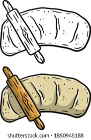 Rolling pin and dough. Wooden appliance for kitchen and cooking.