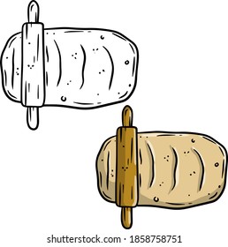 Rolling pin and dough. Wooden appliance for kitchen and cooking.