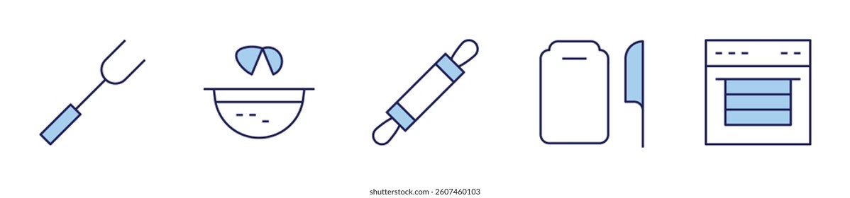 rolling pin, fork, cutting board, oven, egg. Utensil Icon vector illustration. Line Duotone style. Editable stroke.
