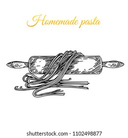 Rolling pin and homemade pasta. Engraving style. Vector illustration