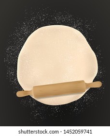 Rolling pin and homemade pastry dough, bakery flour on table, 3d realistic top view. Vector pizza dough kneading with rolling pin, patisserie, wheat and rye bread baking. Domestic bread pastry cooking