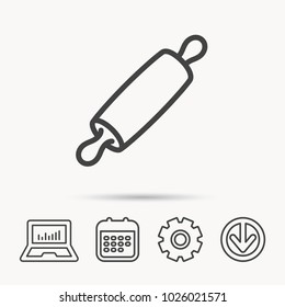 Rolling pin icon. Kitchen baker roller sign. Notebook, Calendar and Cogwheel signs. Download arrow web icon. Vector