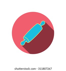 Rolling pin icon. Kitchen baker roller sign. Red flat circle button. Linear icon with shadow. Vector