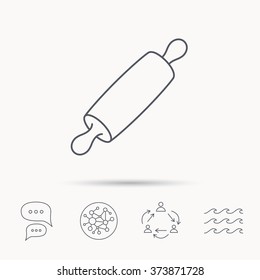 Rolling pin icon. Kitchen baker roller sign. Global connect network, ocean wave and chat dialog icons. Teamwork symbol.