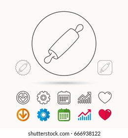 Rolling pin icon. Kitchen baker roller sign. Calendar, Graph chart and Cogwheel signs. Download and Heart love linear web icons. Vector