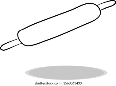 Rolling pin icon on white background, flat design, hand drawing. Illustration of kitchen utensil, contour of symbol black