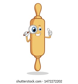 Rolling Pin with Magnifying Glass in Hand Cartoon Mascot Character And Giving a Thumbs Up.
