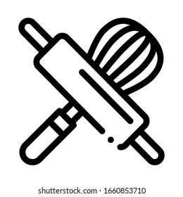 Rolling Pin And Manual Mixer Icon Thin Line Vector. Wooden Rolling Pin Kitchen Utensil Concept Linear Pictogram. Baking Tools Monochrome Outline Sign Isolated Contour Symbol Illustration