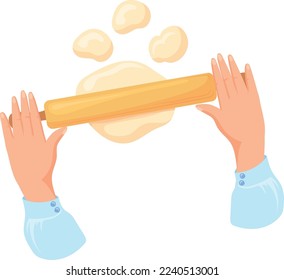 Rolling pin on dough. Cookie baking preparation cartoon icon isolated on white background