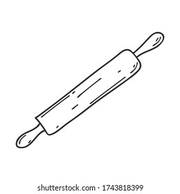 Rolling pin for rolling out the dough. Kitchen accessories, cooking utensils. Design element for menu design, recipes, and food packaging. Hand drawn and isolated on white. Black-white vector.