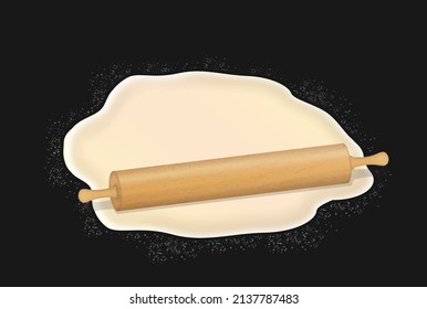 Rolling pin and pastry dough with flour on dark background. Concept design for baking, pizza or bread vector illustration