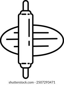Rolling pin rolls dough, linear icon.