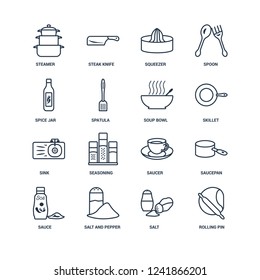 Rolling pin, Salt, Salt and pepper, Sauce, Saucepan, steamer, spice jar, Sink, soup bowl outline vector icons from 16 set